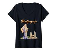 Donna Medjugorje Madonna Regina della Pace Maglietta con Collo a V