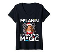 Donna Melanina Christmas Magic Black Mrs Claus Capelli Ricci Lato Parte Maglietta con Collo a V