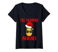 Donna Mele Kalikimaka Beaches Merry Hawaiian Christmas Pineapple Maglietta con Collo a V