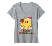Donna Mele Kalikimaka - Cappello da Babbo Natale Hawaiano con Faccina Sorridente Maglietta con Collo a V