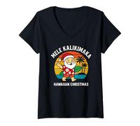 Donna Mele Kalikimaka Hawaiian Santa Surf Retro Tramonto Tropicale Maglietta con Collo a V