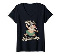 Donna Mele Kalikimaka Hula Hawaiian Santa Natale alle Hawaii Maglietta con Collo a V