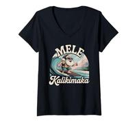 Donna Mele Kalikimaka - Maglietta Natalizia da Surf con Babbo Natale Hawaii Maglietta con Collo a V