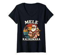 Donna Mele Kalikimaka - Ukulele Hawaiano con Babbo Natale Maglietta con Collo a V
