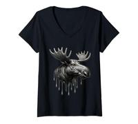 Donna Melting Alce Alce Gocciolante Tatuaggio Opera d'Arte Animale gra Maglietta con Collo a V