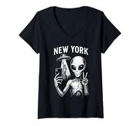 Donna Meme del Cartello della Pace Alieno sull'invasione degli UFO a New York Travel Maglietta con Collo a V