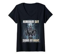 Donna Meme Human By Day Sigma By Night Wolf Maglietta con Collo a V