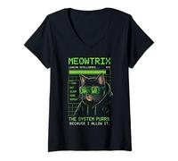 Donna Meme per Programmatore retrò Meowtrix Cat AI Humor Coding Maglietta con Collo a V