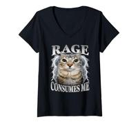 Donna Meme Rage Consumes Me Staring Cat, Divertente e Stupido Maglietta con Collo a V