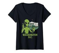 Donna Meme sugli UFO del Segno della Pace Alieno a Washington DC Travel Maglietta con Collo a V