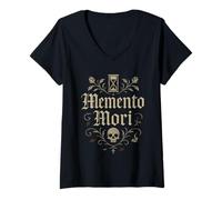 Donna Memento Mori Clessidra Citazione Latina Filosofia Stoica Maglietta con Collo a V