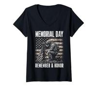 Donna Memorial Day Remember And Honor Patriotic US Flag Maglietta con Collo a V