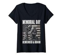 Donna Memorial Day Remember And Honor Patriotic US Flag Maglietta con Collo a V