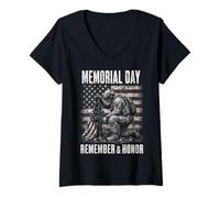 Donna Memorial Day Remember And Honor Patriotic US Flag Maglietta con Collo a V
