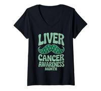 Donna Men Mustache Groovy Green Ribbon Liver Cancer Awareness Maglietta con Collo a V