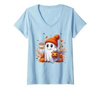 Donna Men Women Autumn Cute Ghost Drinking Coffee Halloween Spooky Maglietta con Collo a V