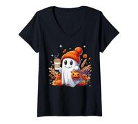 Donna Men Women Autumn Cute Ghost Drinking Coffee Spooky Halloween Maglietta con Collo a V