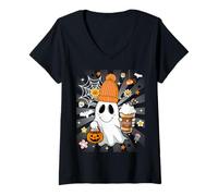 Donna Men Women Autumn Cute Spooky Ghost Drinking Coffee Halloween Maglietta con Collo a V