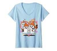 Donna Men Women Autumn Spooky Halloween Cute Ghost Drinking Coffee Maglietta con Collo a V