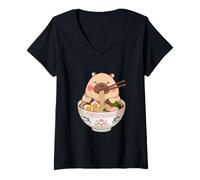 Donna Men Women Kids Cute Capybara Eating Ramen Japanese Noodles Maglietta con Collo a V