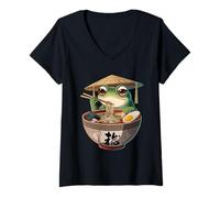 Donna Men Women Kids Cute Frog Eating Ramen Japanese Noodles Maglietta con Collo a V