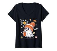 Donna Men Women Kids Cute Ghost Drinking Coffee Spooky Halloween Maglietta con Collo a V