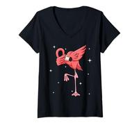 Donna Men Women Kids Flamingo Dabbing Animals Wildlife Parties Maglietta con Collo a V