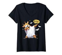 Donna Men Women Kids Funny Dabbing Giraffe Boo Spooky Halloween Maglietta con Collo a V