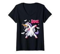 Donna Men Women Kids Funny Dabbing Unicorn Boo Spooky Halloween Maglietta con Collo a V