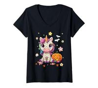 Donna Men Women Kids Groovy Retro Pumpkin Unicorn Spooky Halloween Maglietta con Collo a V