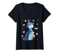 Donna Men Women Kids Trendy Groovy Retro Dinosaur Spooky Halloween Maglietta con Collo a V