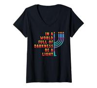 Donna Menorah di Hanukkah nel Mondo Pieno di tenebre Sii Una Luce Maglietta con Collo a V