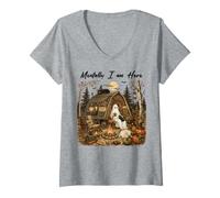 Donna Mentalmente I Am Here Ghost Camping Halloween Campfire Maglietta con Collo a V