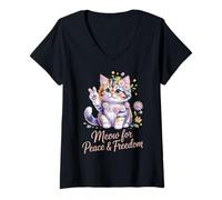 Donna Meow for Peace & Freedom - Patriotic Cat Vibes USA Peace Maglietta con Collo a V