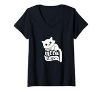 Donna Meow Life Gatto Carino Amante dei Gatti Maglietta con Collo a V