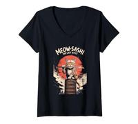 Donna Meow-Sashi L'ultimo gattino samurai stile giapponese Maglietta con Collo a V