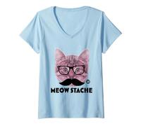 Donna Meow Stache Funny Cat Maglietta con Collo a V