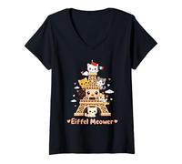 Donna Meowffel Tower Carino Kawaii Paris Cat Cartoon Funny Cat Art Maglietta con Collo a V