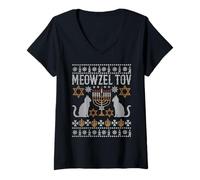 Donna Meowzel Tov Mazel Tov Cat Brutto Natale Happy Hanukkah Maglietta con Collo a V