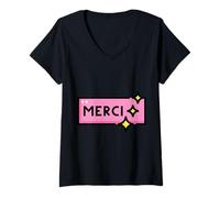 Donna Merci Francese Grazie Maglietta con Collo a V