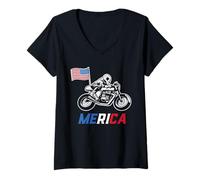 Donna Merica Biker American Flag Motorcycle 4th of July Patriotic Maglietta con Collo a V