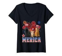 Donna Merica Cats American Flag Firework Patriotic 4th of July Cat Maglietta con Collo a V