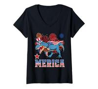 Donna Merica Dinosaur T Rex Patriotic American Flag 4th of July Maglietta con Collo a V