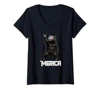 Donna Merica Grizzly Orsetto Grizzly Vintage Rock Gesture Patriottico Maglietta con Collo a V