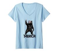Donna Merica Grizzly Orsetto Grizzly Vintage Rock Gesture Patriottico Maglietta con Collo a V