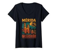 Donna Merida Mexico Retro Yucatan Travel Art Cattedrale Messicana Maglietta con Collo a V