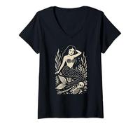 Donna Mermaid And Skeleton Maglietta con Collo a V