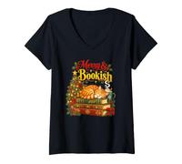 Donna Merry And Bookish Cozy Christmas Cat Festive Tree Lover Maglietta con Collo a V