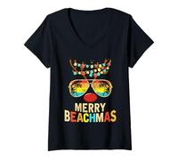 Donna Merry Beachmas - Maglietta Natalizia Tropicale con Babbo Natale Hawaii Maglietta con Collo a V