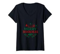 Donna Merry Bookmas - Edizione di Lettura delle Vacanze Maglietta con Collo a V